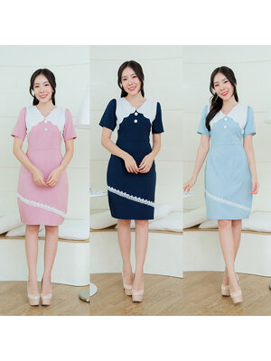 kudapy เดรสสั้นคอวี แขนสั้น สีกรม/สีชมพู/สีฟ้า ทำงานแต่งคาดลูกไม้ ทรงเอเข้ารูปทรงสวยมาก