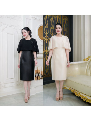 kudapy เดรสผ้าไหมอัดกาวทั้งชุด ทรงสวยคลุมไหล่พรางแขน แต่งผีเสื้อเรียงตัวเล็กๆช่วงไหล่