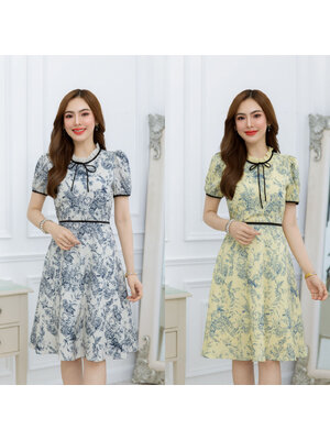 kudapy เดรสสั้นสีครีม/สีเหลือง พิมพ์ลาย แพทเทิร์นสวยเรียบๆ มีดีเทลจับจีบช่วงคอ ผูกโบว์สวยเก๋
