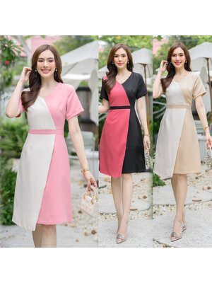 kudapy เดรสสั้นสีชมพู / ครีม / แดง ทรงเอผ้าโพลีเอสเตอร์งานทูโทน คอวีแขนสั้นงานมีซับในผ่าหลัง