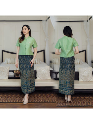 kudapy เซ็ทเสื้อผ้าไหม + ผ้าถุงทอลายไหมแพรวากาฬสินธุ์ สีเขียว