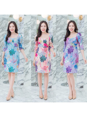 kudapy เดรสสั้นสีชมพู/สีฟ้า/สีม่วง แขนสม็อคลายดอกบัว