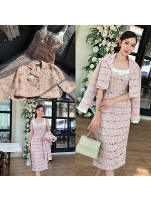 kudapy ชุดเดรสผ้าพรีเมี่ยมทวิตทอลายพิเศษมาพร้อมเสื้อคลุมและดอกไม้ สวยใส่สบาย