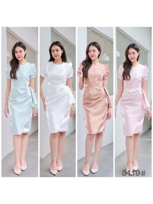 kudapy เดรสแขนตุ๊กตา คอกลม จีบระบายเอว กระโปรงสอบ ทรงดินสอ ผ่าหลังเดินสะดวก