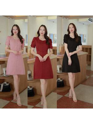 kudapy เดรสสั้นสีชมพู/สีดำ/สีแดง แขนตุ๊กตาแต่งกระดุม