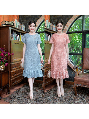 kudapy เดรสสั้นสีโอรส/สีฟ้า ลูกไม้ปาด้าคอตตอน ผ้าทอลาย แต่ด้วยเนื้อผ้าลูกไม้ทำให้ดูหรูหรา