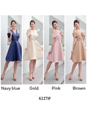 kudapy เดรสเปิดบ่า คัตติ้งคอสูท เก๋เวอร์ กระโปรงบาน เอวสูง เนื้อผ้าโพลีเอสเตอร์ เนื้อด้านไม่เงา ผ้าค่อนข้างแข็งอยู่ทรง