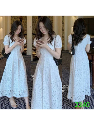 kudapy เดรสยาวสีขาว แขนตุ๊กตา ใช้ผ้าเนื้อดีฉลุลวดลายปักขอบรอบลาย แขนตุ๊กตาปลายแขนมียางยืด