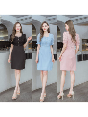 kudapy เดรสสั้นสีชมพู/สีฟ้า/สีดำ ผ้าทอแขนจั๊มแต่งกระดุม