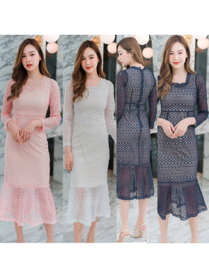 kudapy เดรสแขนยาวผ้าลูกไม้สีกรมท่า/สีขาว/สีชมพู คอตัวยู กระดปรงทรงหางปลาแต่งระบายชายประโปรง