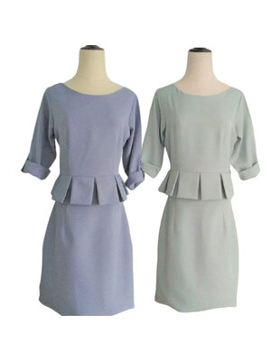 kudapy เดรสสั้นคอกลมแขนสามส่วนสีเขียวอ่อน ,สีเทาฟ้า แต่งระบายเอว กระโปรงทรงเอ เดรสสั้นใส่ทำงานสวยๆ
