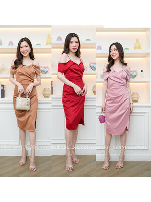 kudapy เดรสสั้นสีไวน์แดง/สีน้ำตาลอิฐ/สีชมพู ชุดราตรีสั้นปาดไหล่พรีเมี่ยมเกรด