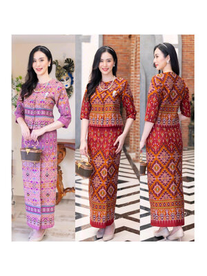 kudapy เซ็ทสีแดง ผ้าฝ้ายงดงามในความเป็นไทย อัดกาวอย่างดี เสื้อทรงเอวระบาย