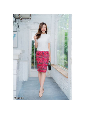 kudapy เซทเสื้อลูกไม้คอจีน+กระโปรงผ้าลายไทยสีแดง ใส่ทำงาน ออกงานสวยดูดี