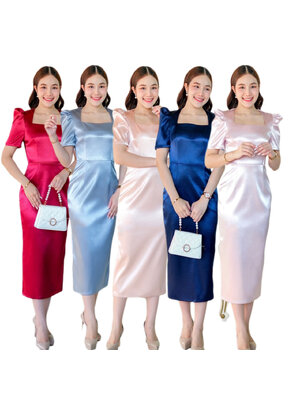 kudapy เดรสสั้นสีชมพู/สีทอง/สีกรมท่า/สีแดง/สีฟ้า ทรงสอบ คอเหลี่ยม แขนสั้น จับจีบยกบ่า กระโปรงทรงสอบ เก็บสะโพก