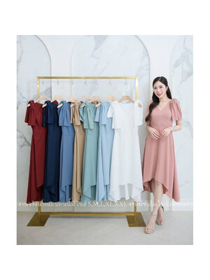 kudapy เดรสหน้าสั้นหลังยาวสีชมพู/สีกรม/สีแดงเลือดหมู/สีโอวัลติน/สีเขียวมิ้นอมฟ้า/สีฟ้าอ่อน ผ้าทวิล คอวี แขนสั้น เดรสใส่ออกงาน