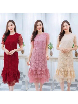 kudapy เดรสสั้นลูกไม้คอกลมแขนตุ๊กตา สีแดง/สีชมพู/สีครีม ทรงสวยงานปักกลิตเตอร์วิ้งๆ ชายกระโปรงเป็นทรงระบายชั้น