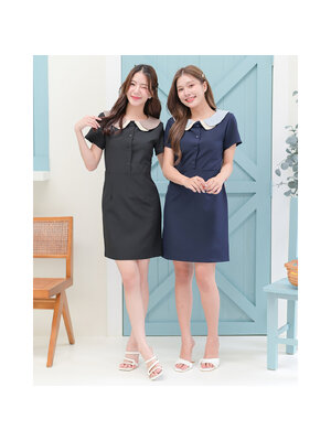 kudapy เดรสสั้นสีกรม/สีดำ คอปกแขนสั้น ดีไซน์แต่งคอปกเล่นสี 2 ชั้น ตัดต่อกลางตัวเสื้อแต่งกระดุม 4 เม็ด