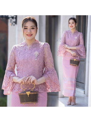 kudapy ชุดออกงาน เสื้อลูกไม้ฝรั่งเศสดอกลอย ผ้าถุง ทอลาย เย็บสำเร็จ