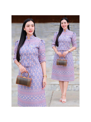 kudapy เซ็ทสีม่วง ผ้าฝ้ายทอลาย เนื้อนิ่มอัดกาวทรงสวยใส่ง่าย ใครหางานเซ็ทใส่ง่าย ใส่ได้หลากหลายโอกาส