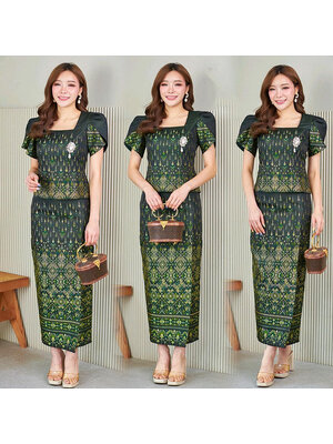kudapy ชุดเซ็ทโทนสีเขียว เซ็ทช่อแก้วไหมแพรวากาฬสินธุ์+ผ้าถุง เนื้อเบาสบายทำให้ทรงคุณค่างานท้องถิ่นไทย