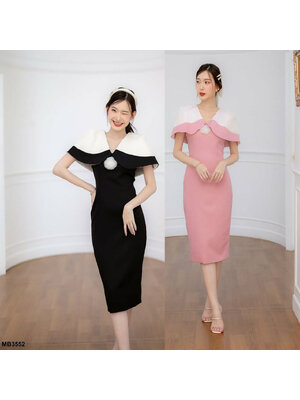 kudapy เดรสสั้นสีชมพู/สีดำ คลุมไหล่ดอกไม้ติดอก