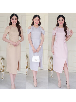 kudapy เดรสสั้นสีชมพูพาสเทล/สีทอง/สีเทา คอกลม แขนสั้น เว้าบ่า เกาหลีมากแม๊ คัตติ้งเริศแบบอลัง กระโปรงทรงทิวลิปผ่าข้าง