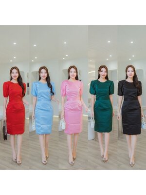 kudapy ชุดเดรสทรงสอบ คอกลม ผ่าหน้า แขนตุ๊กตา ชุดมีซับใน ซิบหลังค่ะ