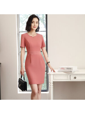 kudapy ชุดเดรส สีชมพู ชุดเดรสทำงาน คอวี แขนสั้น มีกระเป๋าข้าง ทรงเรียบหรู เนื้อผ้าโพลีเอสเตอร์ + คอนตอน เนื้อดี