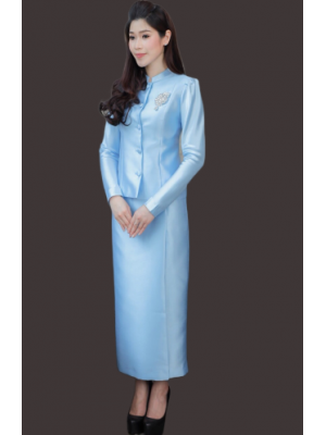 ชุดไทยจิตรลดาสีฟ้า เซ็ท 2 ชิ้น เสื้อผ้าไหมกระดุมหน้า + พร้อมกระโปรงทรงสอบ