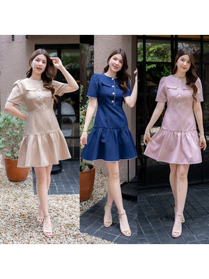 kudapy เดรสสั้นสีกรม/สีครีม/สีชมพู พยาบาลชายระบายสีพื้นแต่งกระดุม4ชิ้น