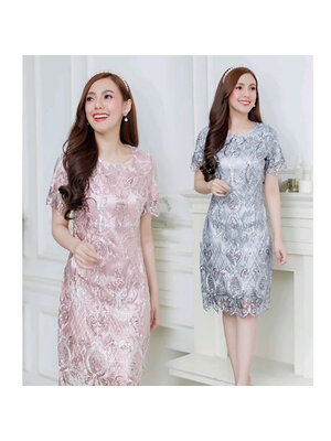 kudapy เดรสสั้นสีชมพู/สีเทาเงิน เนื้อผ้าปัก+Glitter เกรด "Premium Quality" ลายใหม่ล่าสุด หรูหราปักเลื่อมมาลงตัว ช่วงแขนมีซับในซาตินเนื้อคุณภาพ