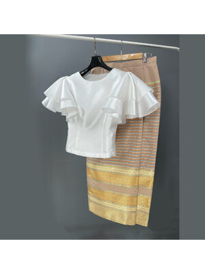 kudapy ชุดไทยประยุกต์สีทอง ชุดไปงานแต่ง เสื้อ+ผ้าถุงทอลาย งายเย็บสำเร็จรูป ทรงสวยเข้ารูปใส่สบายค่ะ