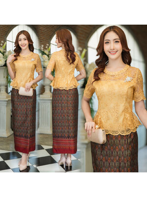 kudapy เสื้อลูกไม้ใยบวบปักดิ้นสีเหลืองทอง ลายลูกไม้แน่น เอวดีดเชิงลูกไม้สวย งานมีซับในและชิปหลัง (เฉพาะเสื้อ)