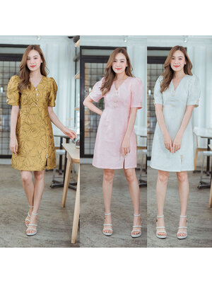 kudapy เดรสสั้นสีขาว/สีเหลือง/สีชมพู ผ่าหน้ากระดุมมุก สวยใส่สบาย