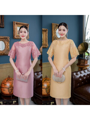 kudapy เดรสสั้นสีเหลืองทอง/สีชมพุกกะปิ ผ้าไหมดีไซน์แขนสั้น ช่วงแขนเป็นงานลูกไม้ปักลายเชิงโชว์ลายปัก