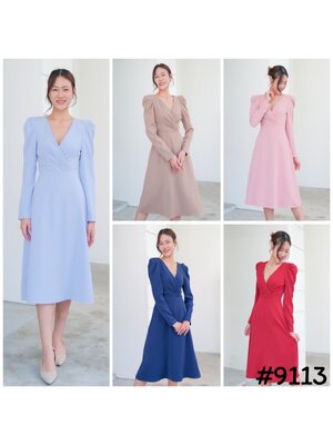 kudapy เดรสคอวี ดีเทลจับจีบอกไขว้ แต่งแขนตุ๊กตา กระโปรงฟรีสะโพก