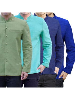 kudapy เสื้อผ้าไหมคอพระราชทานแขนยาว สีเขียวแก่,สีเขียวพาสเทล,สีน้ำเงิน,สีกรม เสื้อผ้าไทยผู้ชาย คอพระราชทาน ผ่าหน้า แขนสั้น มีกระเป๋าด้านซ้ายบน (อัดผ้ากาว มีฟองน้ำเสริมไหล่)