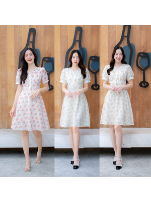 kudapy เดรสสั้นสีชมพู/สีเขียว/สีเหลือง ผ้าลายดอกแต่งโบว์2ชิ้น แขนสั้น สวยดูดี