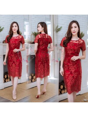 kudapy เดรสสั้นไปงานลูกไม้คอกลมช่วงบนแต่งซีทรูสีแดงสด ซับในซาตินอย่างดี เดรสใส่ออกงาน แขนสั้น ผ้าลูกไม้ปักเลื่อม