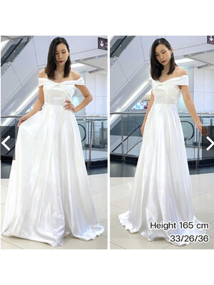 kudapy เดรสยาวสีขาว ชุดเจ้าสาวเรียบหรู เนื้อผ้า duchess satin เงาสวยมีน้ำหนัก ฟรีสะโพก