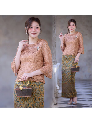 kudapy เซตเสื้อลูกไม้ฝรั่งเศษ+ผ้าถุงใส่ออกงานสีทองน้ำผึ้ง