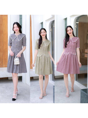 kudapy เดรสสั้นสีสีเหลือง/สีกรม/สีชมพู คอปกลายสก็อตแขน 3 ส่วน ใใส่เที่ยวสวยดูดี น่ารัก