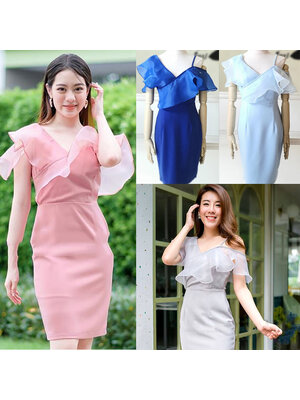 kudapy เดรสสั้นสีน้ำเงินไหล่เบี่ยง แต่งระบายผ้าไหมแก้ว แบบน่ารัก สวยๆ เรียบหรูดูแพง