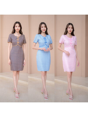 kudapy เดรสสั้นสีชมพู สีน้ำตาล สีฟ้า ลายสก๊อต ทรงเข้ารูป ดีเทลโบว์คอกลม งานซิปด้านหลัง