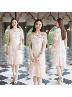 kudapy เดรสสั้นสีชมพูอ่อน เดรสออกงาน ผ้าลูกไม้ลายสวยกระโปรงจับจีบ ใส่สบาย