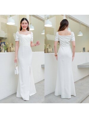 kudapy เดรสยาวสีขาว แขนสั้นจีบทิวลิป ใส่ได้สองแบบ เปิดบ่า แขนสั้นคอเหลี่ยม กระโปรงหางปลาผ่าหน้า