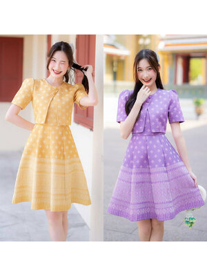 kudapy เดรสสั้สนสีม่วง/สีเหลือง ผ้าไทยกั๊กกระดุม 2 เม็ดกระโปรงบาน