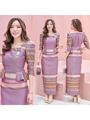 kudapy เซ็ทผ้าซิ่นลายดอกพิกุลสีม่วง ชุดไทยประยุกต์ ผ้าถุงลายแพรวากาฬสินธุ์