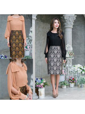 kudapy เดรสสั้นคอกลมแขนชีฟองสีดำ,สีน้ำตาลส้มอิฐ งานผ้าตัดต่อ 2 ชนิดผสมผสานกันอย่างลงตัว ด้านบนเป็นผ้าชีฟองพริ้วๆ